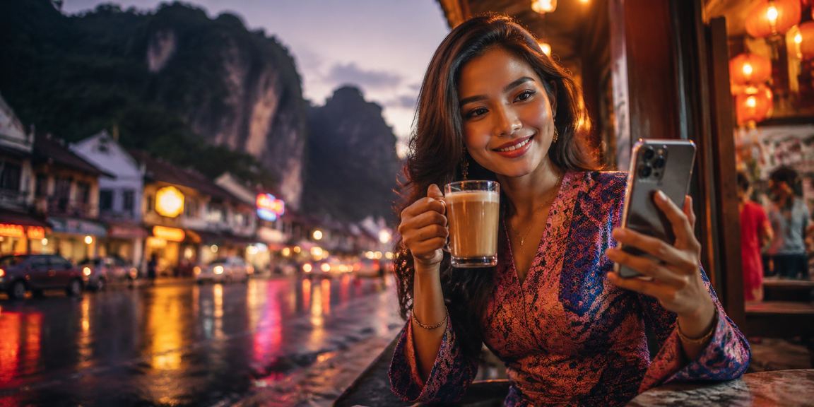 Pemain Ipoh bermain kasino mudah alih menggunakan telefon pintar dengan latar batik